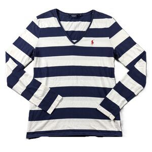 Ralph Lauren Sport Women V-Neck Top Preppy Nautical Pony Navy White Medium J159